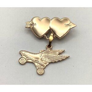 1940s Heart Skate Brooch by EHM Genuine Gold Electroplate Engravable-WWII NOS R